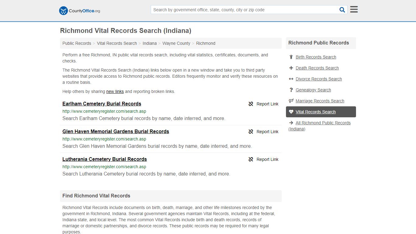 Richmond Vital Records Search (Indiana) - County Office